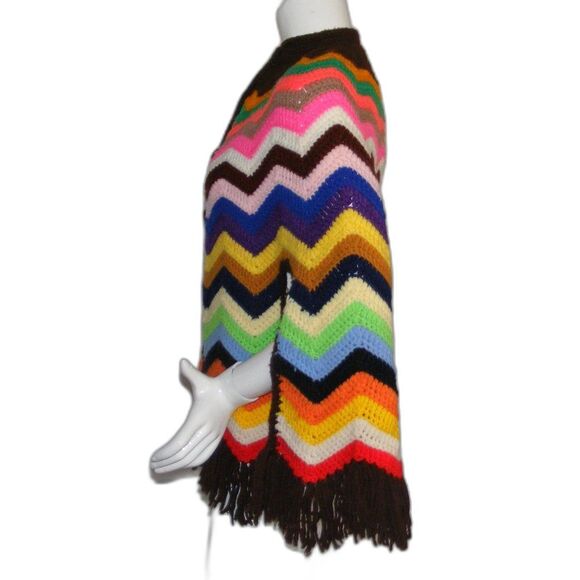 Handmade Vintage Cape, OS, Multicolor, Fringe, Button front, Arm vents, Chevrons - Picture 7 of 9